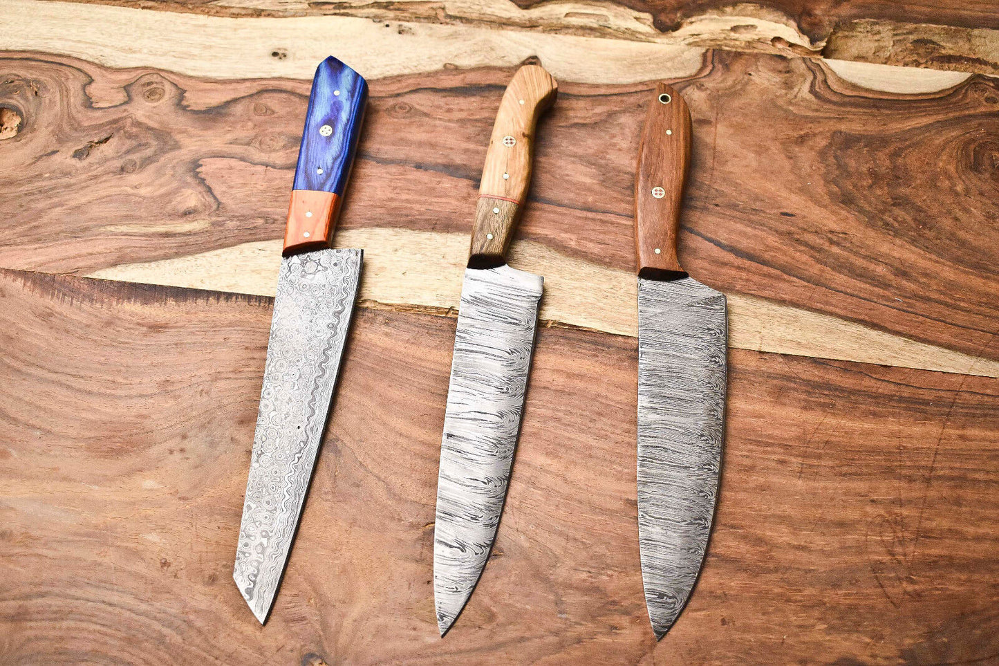 Lot of 3 Damascus Steel Full Tang Chef Knife Set – 384 Layers, Professional Kitchen Knives