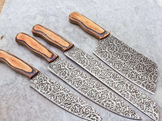 Custom Made Hand Forged Damascus Steel 4-Piece Chef Knife Set | Pakka Wood Handles