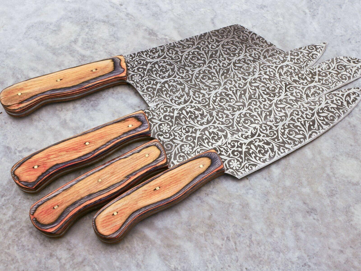 Custom Made Hand Forged Damascus Steel 4-Piece Chef Knife Set | Pakka Wood Handles