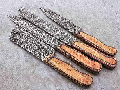 Custom Made Hand Forged Damascus Steel 4-Piece Chef Knife Set | Pakka Wood Handles