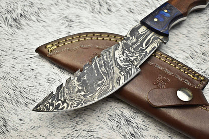Damascus Blade Camping Tracker Full Tang Knife with Leather Sheath