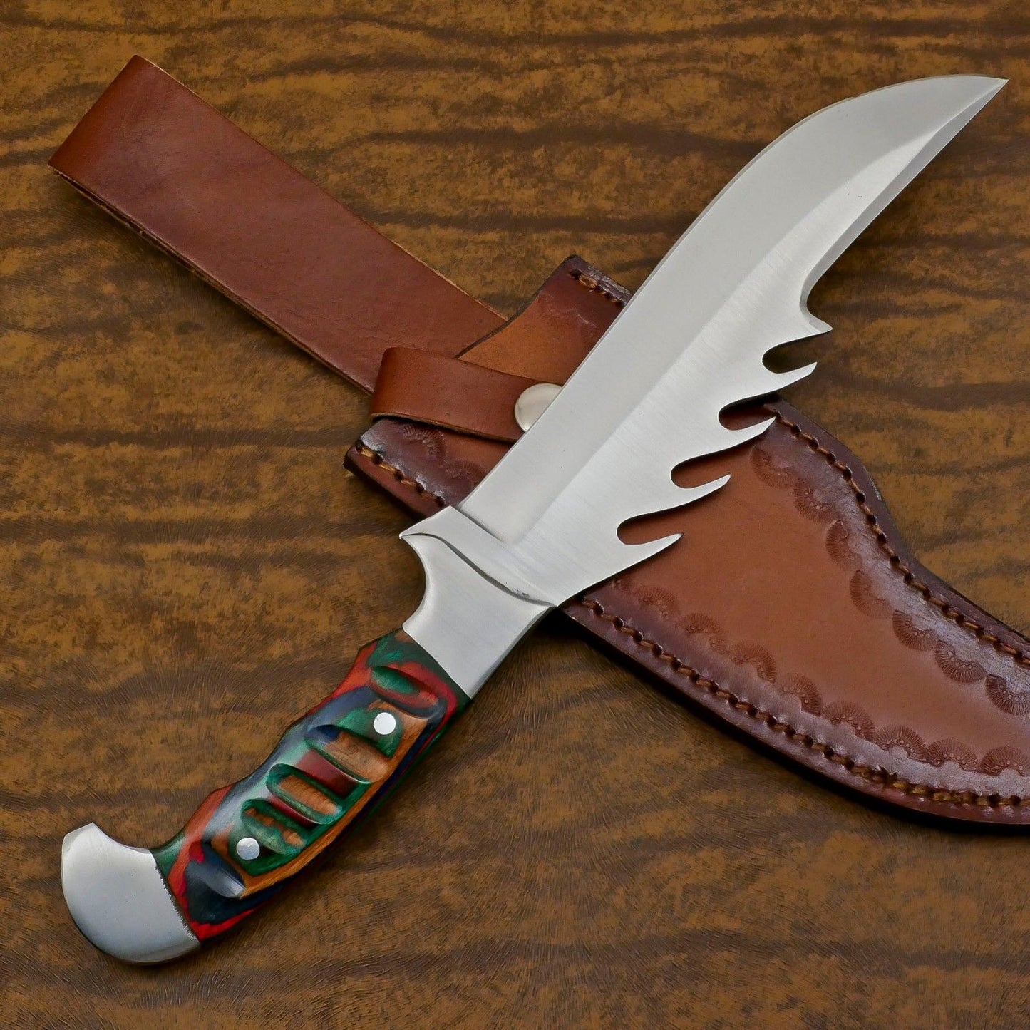 Handmade D2 steel Bowie knife with full tang 12-inch blade. A durable hunting and camping survival knife built for strength, balance, and reliability