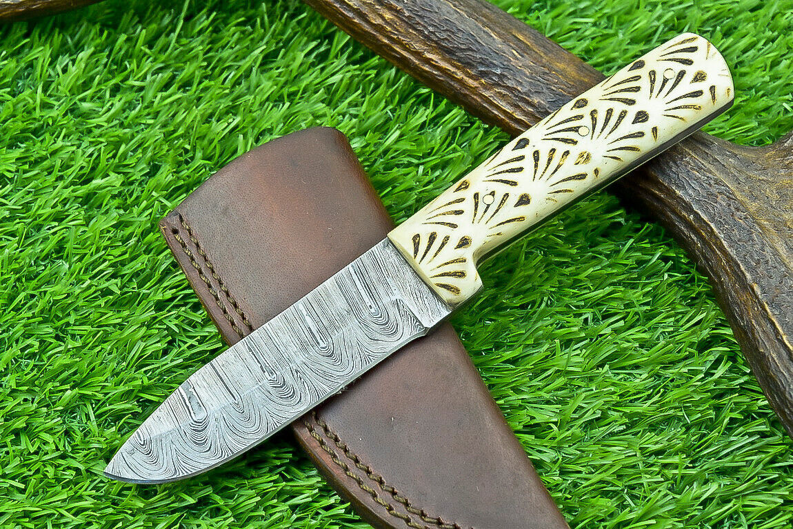 8 Inch Handmade Damascus Steel Hunting Knife with Camel Bone Handle