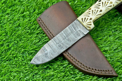 8 Inch Handmade Damascus Steel Hunting Knife with Camel Bone Handle