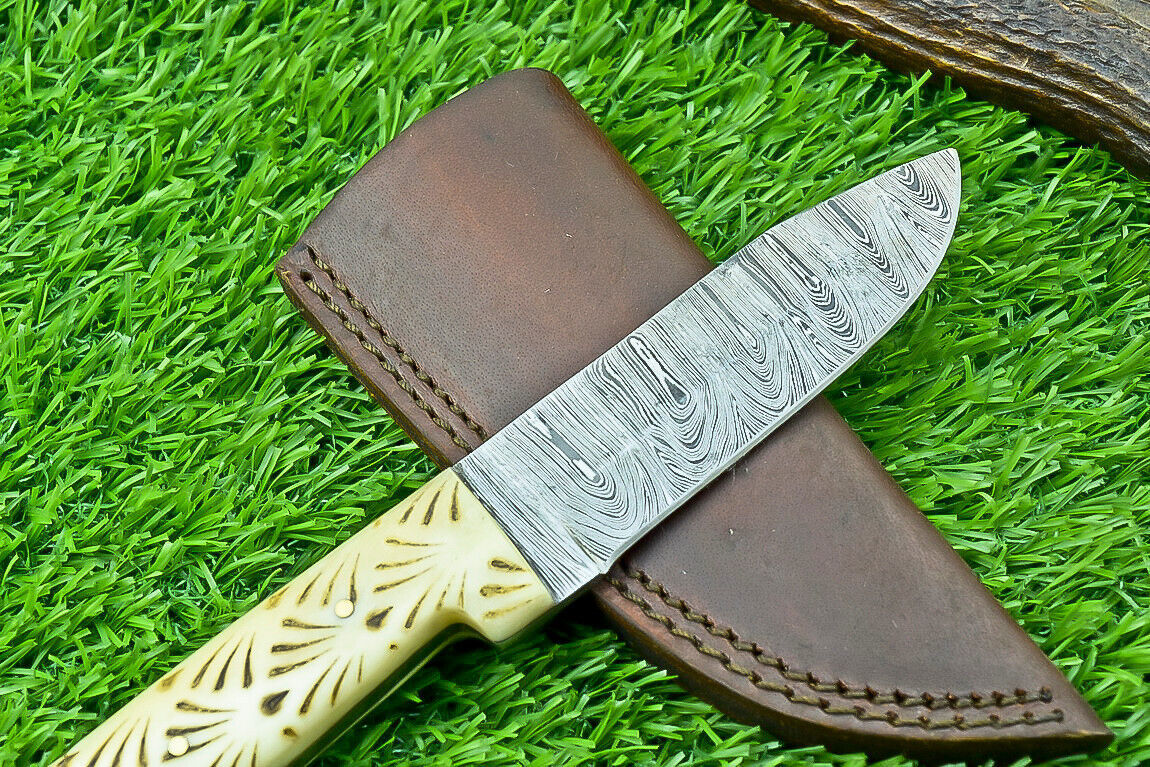 8 Inch Handmade Damascus Steel Hunting Knife with Camel Bone Handle
