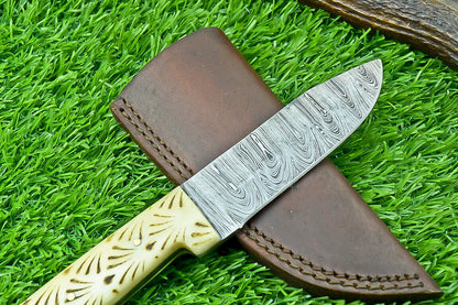 8" Damascus Steel Bowie Knife with Camel Bone Handle – Handmade Fixed Blade by Heritage Forge