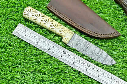 8 Inch Handmade Damascus Steel Hunting Knife with Camel Bone Handle