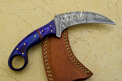 9" Custom Damascus Karambit Best Karambit Damascus Steel Knife With Wood Handle