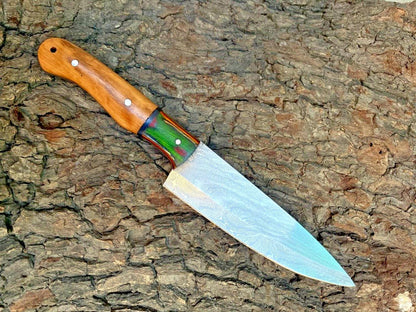 Hand Forged Damascus Steel Chef Knife – 12" Kitchen Cutlery with 6" Sharp Blade, Wooden Handle & Leather Sheath