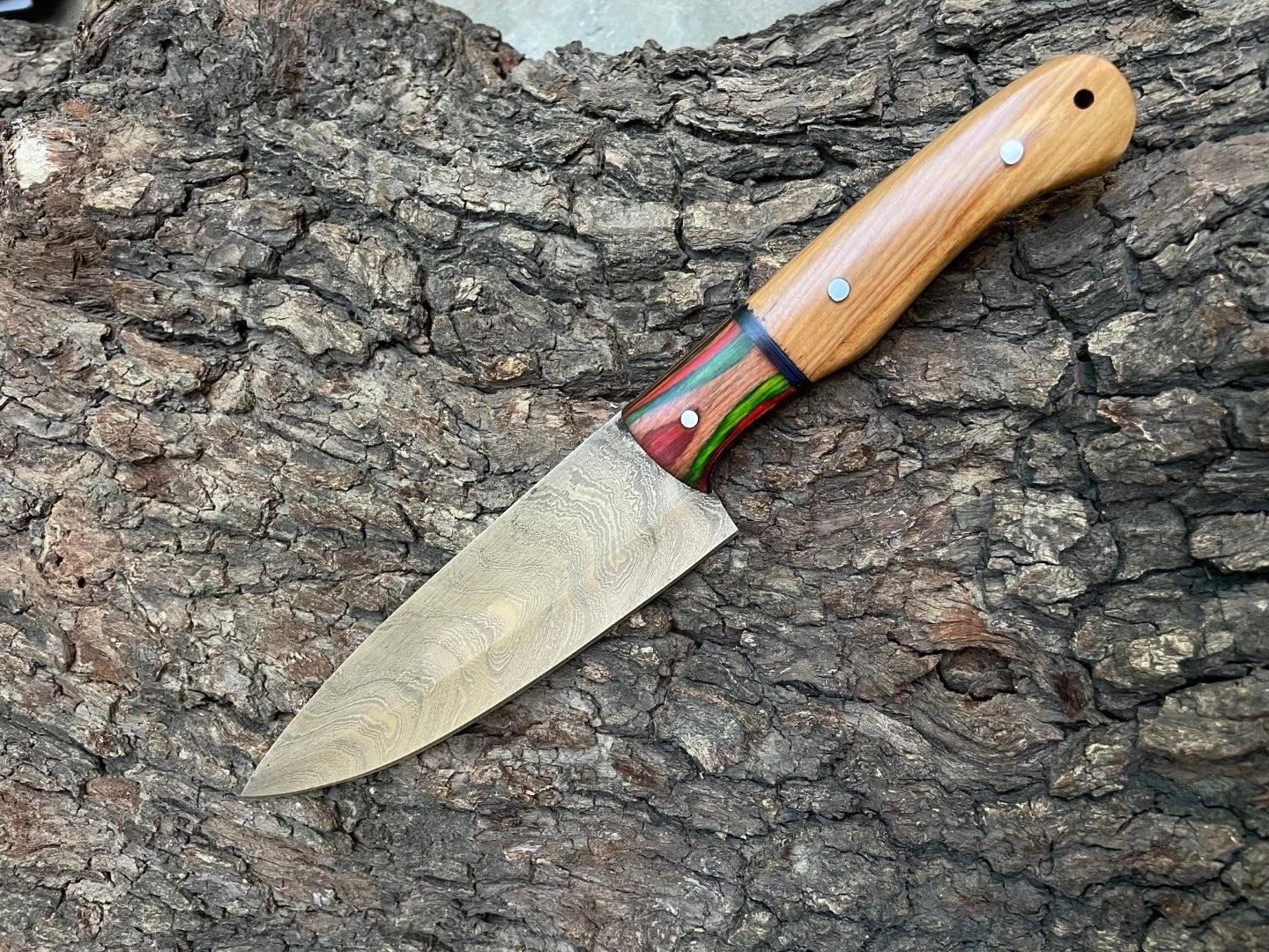 Hand Forged Damascus Steel Chef Knife – 12" Kitchen Cutlery with 6" Sharp Blade, Wooden Handle & Leather Sheath