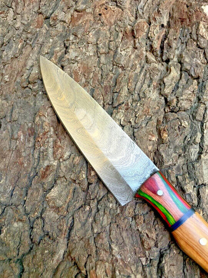 Hand Forged Damascus Steel Chef Knife – 12" Kitchen Cutlery with 6" Sharp Blade, Wooden Handle & Leather Sheath
