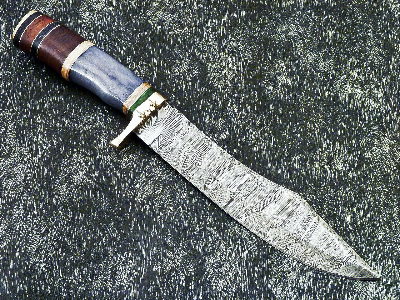 13” Handmade Damascus Bowie Knife | Camel Bone Handle & Leather Sheath