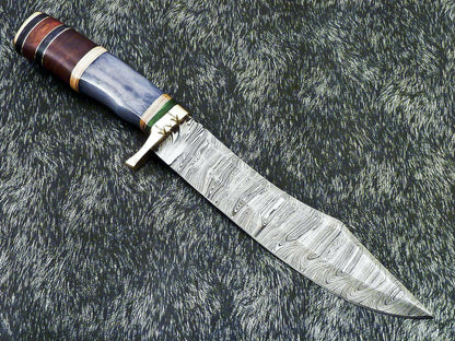 13” Handmade Damascus Bowie Knife | Camel Bone Handle & Leather Sheath