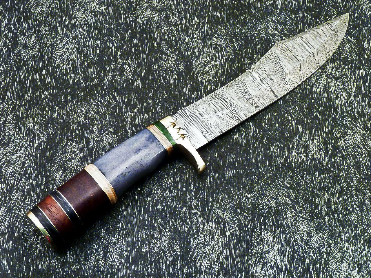 13” Handmade Damascus Bowie Knife | Camel Bone Handle & Leather Sheath