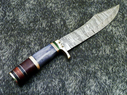 13” Handmade Damascus Bowie Knife | Camel Bone Handle & Leather Sheath