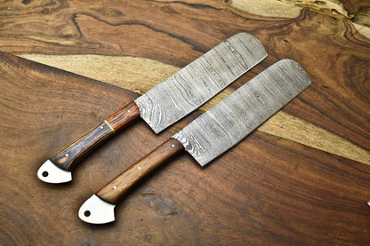 Lot of 2 Handmade Damascus Steel Blade Chef Knives – Full Tang