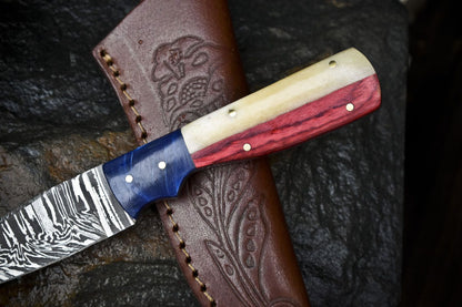 Twist Damascus Skinner Hunting Knife with Bone and Wood Handle – Custom Handmade Fixed Blade Damascus Knife