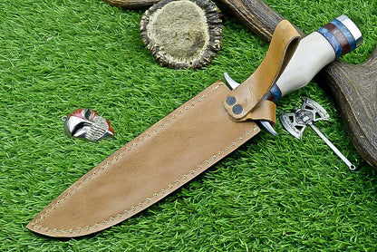 Heritage Forge 12.5 Inch Damascus Steel Bowie Knife with Bone Handle | Hand Forged Hunting Camping Knife