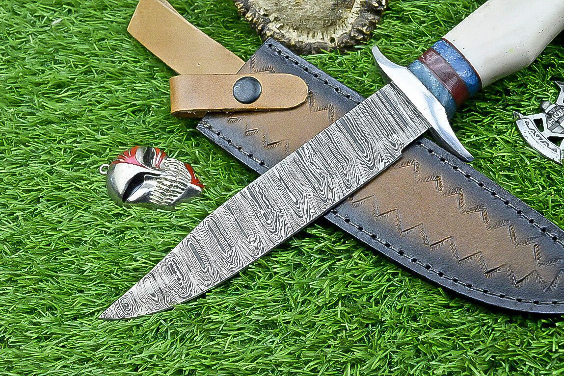 Heritage Forge 12.5 Inch Damascus Steel Bowie Knife with Bone Handle | Hand Forged Hunting Camping Knife