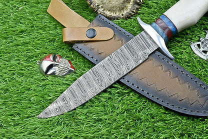 Heritage Forge 12.5 Inch Damascus Steel Bowie Knife with Bone Handle | Hand Forged Hunting Camping Knife