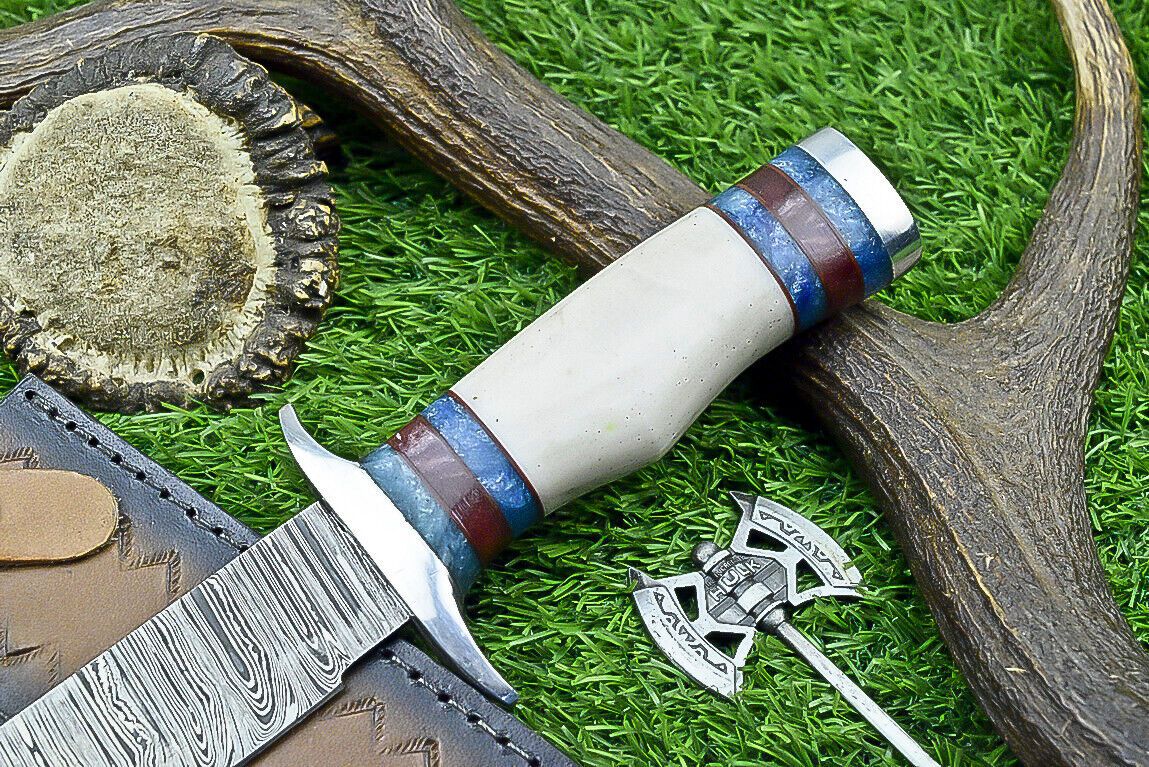 Heritage Forge 12.5 Inch Damascus Steel Bowie Knife with Bone Handle | Hand Forged Hunting Camping Knife