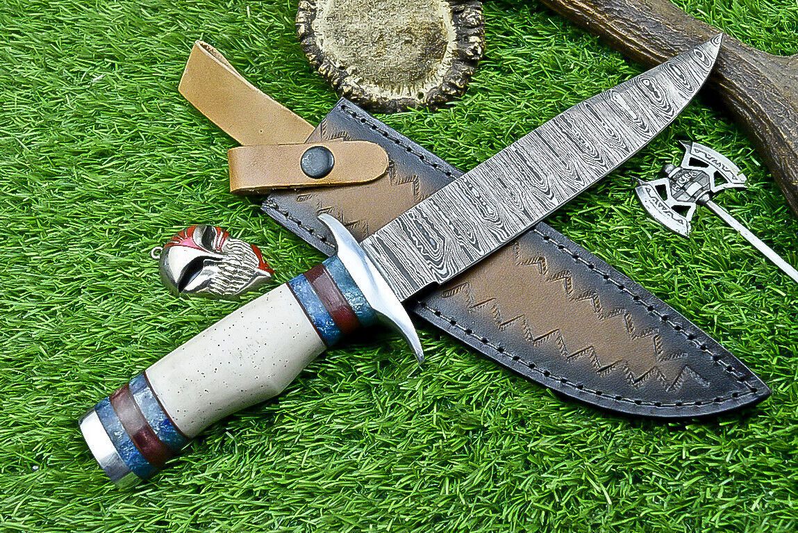 Heritage Forge 12.5 Inch Damascus Steel Bowie Knife with Bone Handle | Hand Forged Hunting Camping Knife