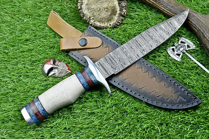 Heritage Forge 12.5 Inch Damascus Steel Bowie Knife with Bone Handle | Hand Forged Hunting Camping Knife