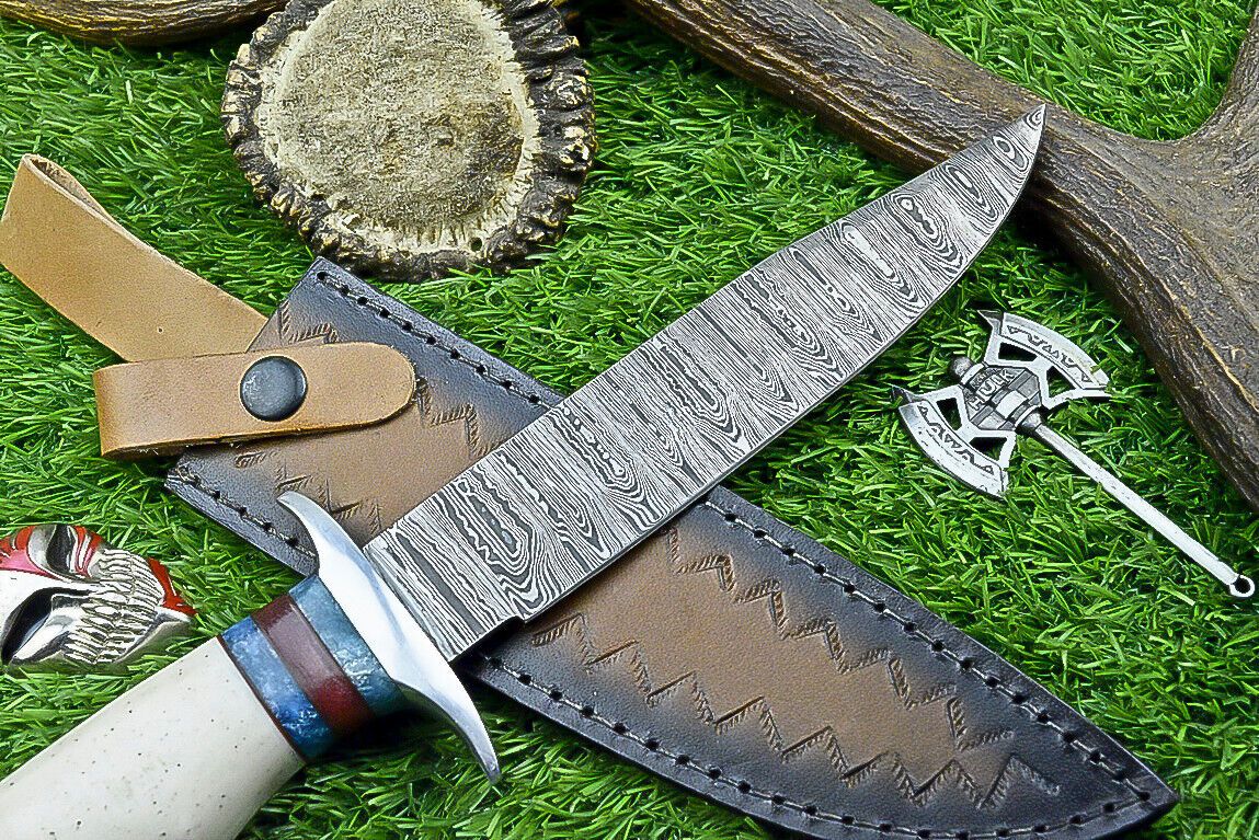 Heritage Forge 12.5 Inch Damascus Steel Bowie Knife with Bone Handle | Hand Forged Hunting Camping Knife