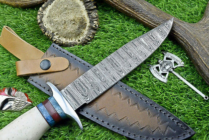 Heritage Forge 12.5 Inch Damascus Steel Bowie Knife with Bone Handle | Hand Forged Hunting Camping Knife