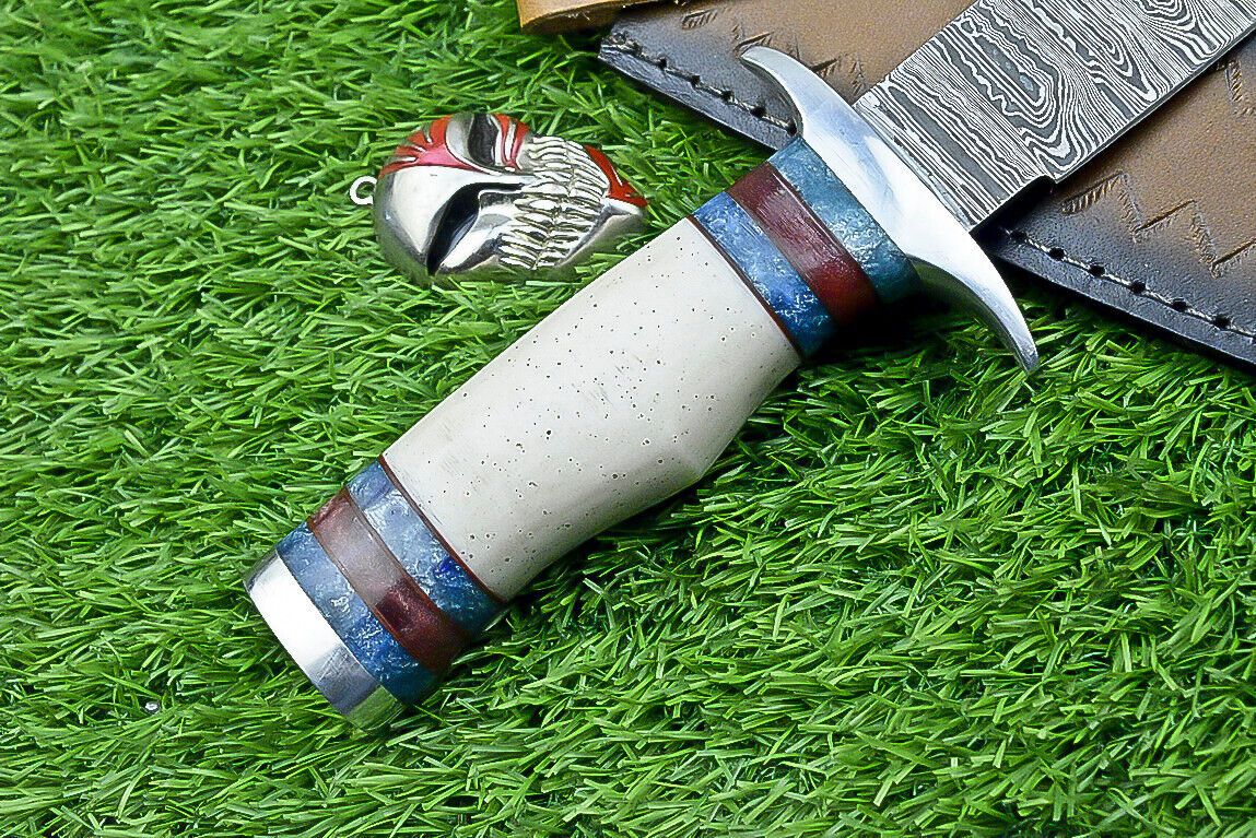 Heritage Forge 12.5 Inch Damascus Steel Bowie Knife with Bone Handle | Hand Forged Hunting Camping Knife