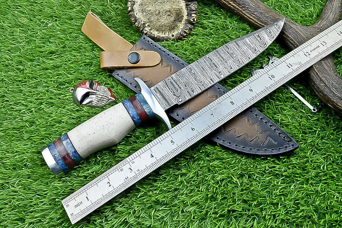 Heritage Forge 12.5 Inch Damascus Steel Bowie Knife with Bone Handle | Hand Forged Hunting Camping Knife