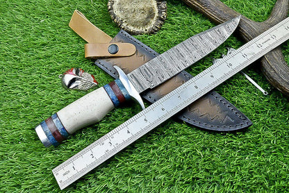 Heritage Forge 12.5 Inch Damascus Steel Bowie Knife with Bone Handle | Hand Forged Hunting Camping Knife