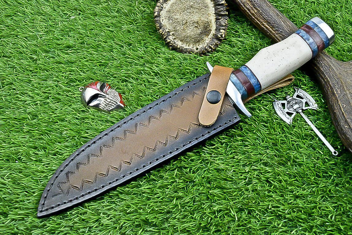 Heritage Forge 12.5 Inch Damascus Steel Bowie Knife with Bone Handle | Hand Forged Hunting Camping Knife