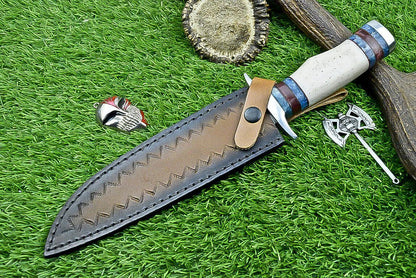 Heritage Forge 12.5 Inch Damascus Steel Bowie Knife with Bone Handle | Hand Forged Hunting Camping Knife