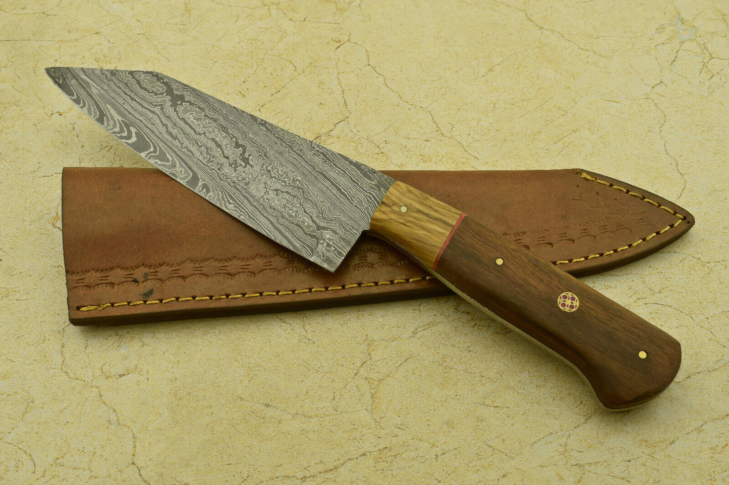 Custom Handmade Forged Damascus Steel Chef Kitchen Knife with Olive & Rose Wood Handle – 11.5"