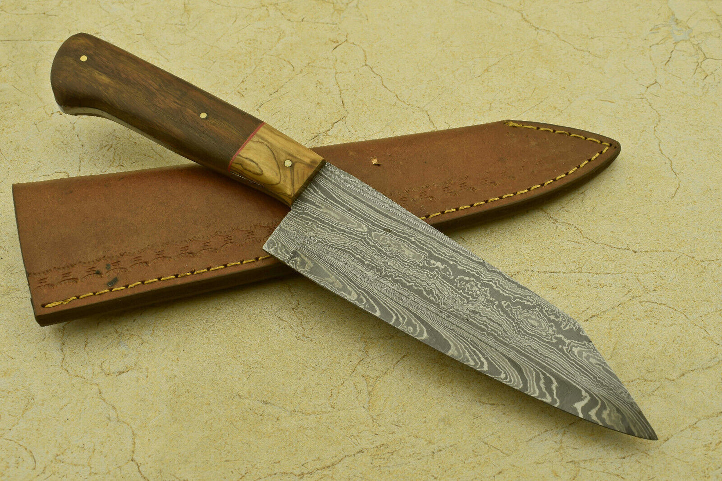 Custom Handmade Forged Damascus Steel Chef Kitchen Knife with Olive & Rose Wood Handle – 11.5"