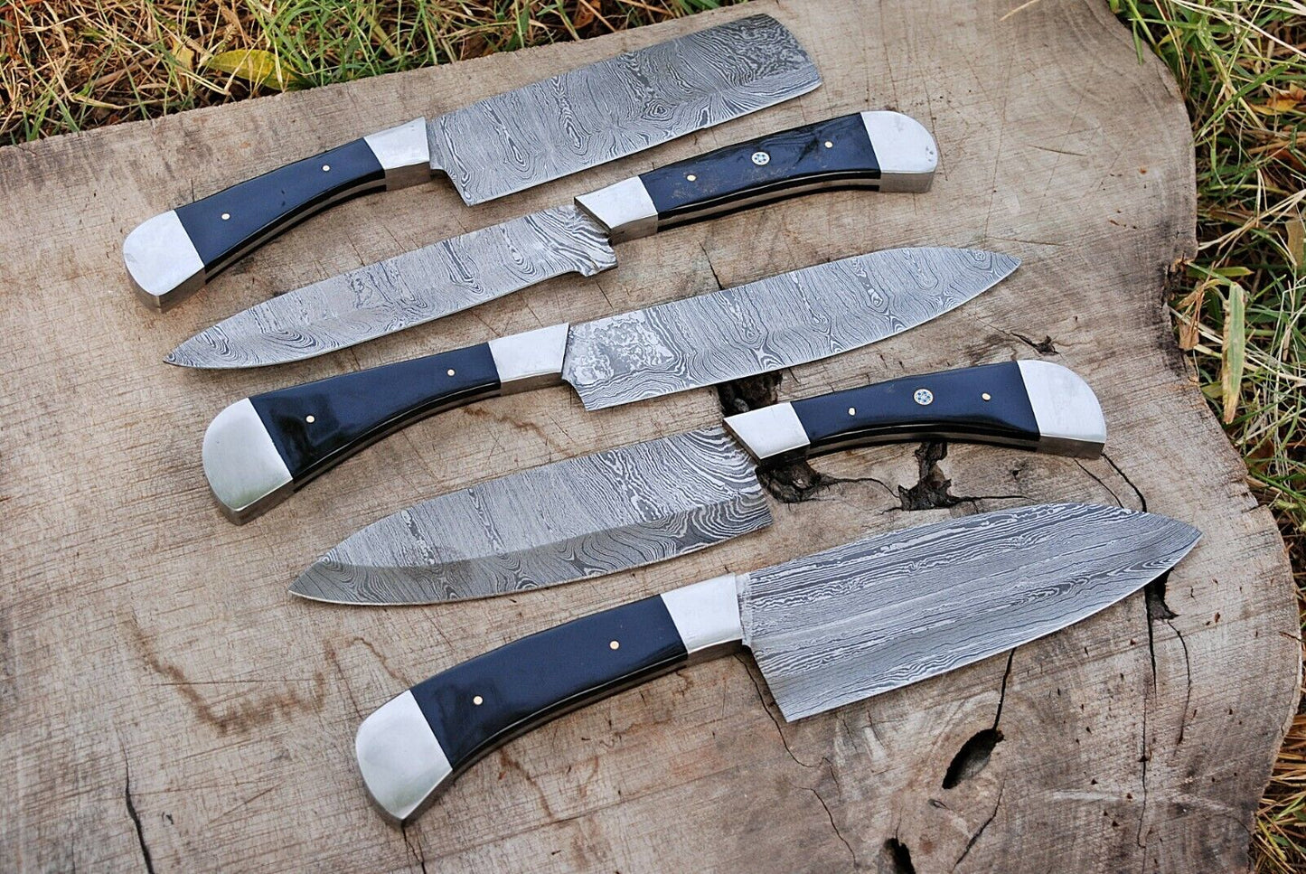 5-Piece Hand Forged Damascus Steel Chef Kitchen Knife Set with Buffalo Horn Handles & Leather Sheaths