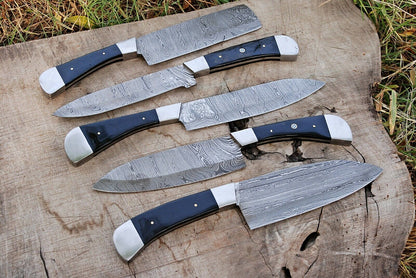 5-Piece Hand Forged Damascus Steel Chef Kitchen Knife Set with Buffalo Horn Handles & Leather Sheaths
