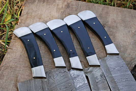 5-Piece Hand Forged Damascus Steel Chef Kitchen Knife Set with Buffalo Horn Handles & Leather Sheaths
