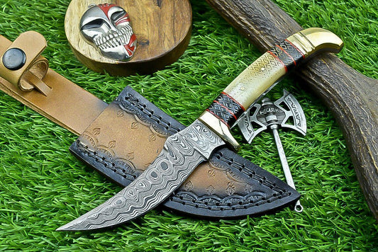 8.5" Custom Damascus Bowie Knife with Bone Handle & Brass Bolster