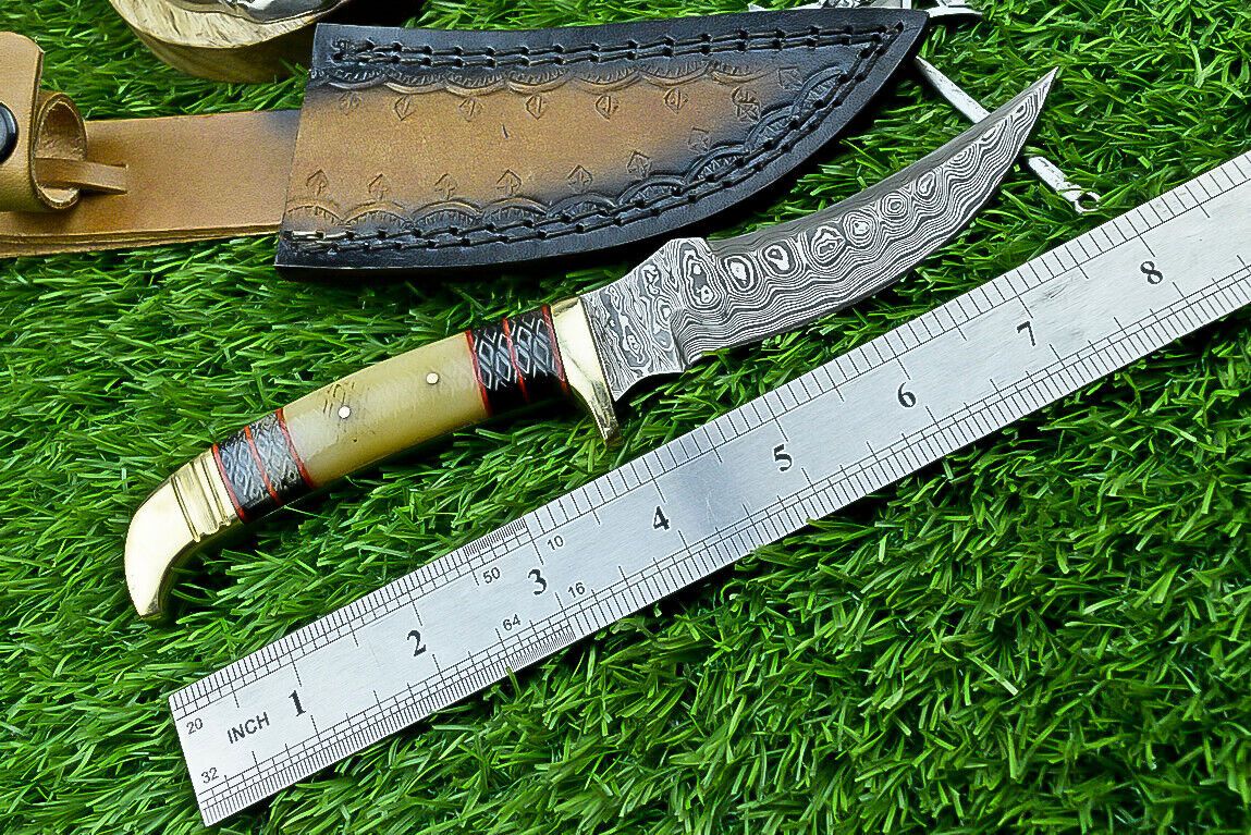 8.5" Custom Damascus Bowie Knife with Bone Handle & Brass Bolster