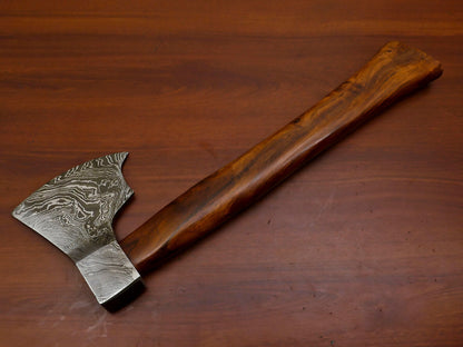 Exclusive Handmade Damascus Steel Tomahawk Axe with Walnut Handle and Leather Sheath