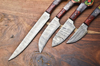 Custom Lot of 4 Handmade Hammered Damascus Steel Blade Chef Set Knives