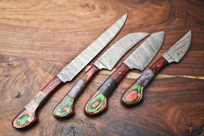 Custom Lot of 4 Handmade Hammered Damascus Steel Blade Chef Set Knives