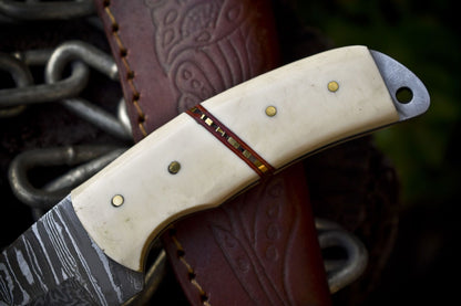 Custom Twist Damascus Skinner Knife with Gut Hook and Bone Handle for Outdoor Hunting
