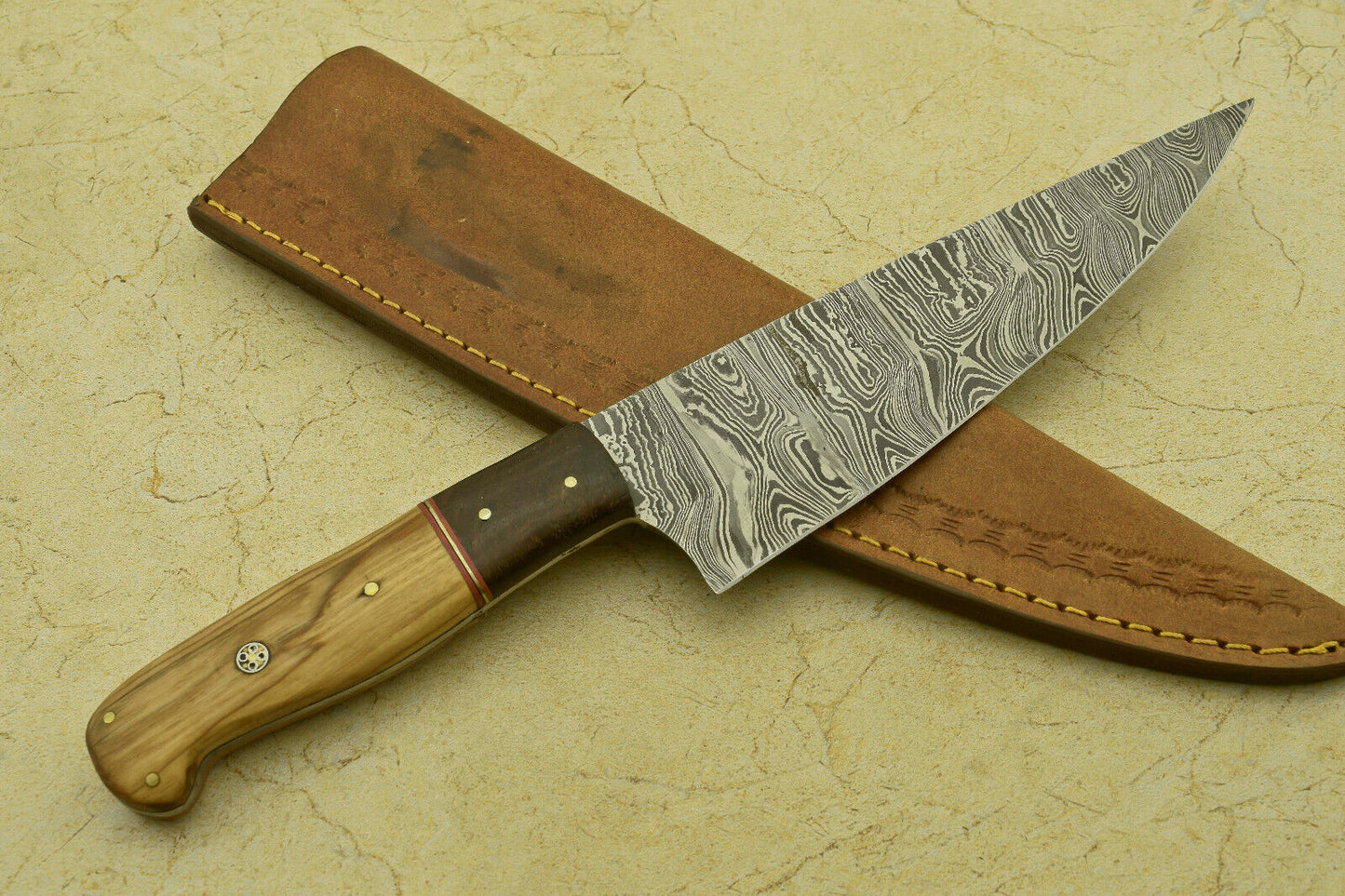 Custom Handmade Forged Damascus Steel Chef Kitchen Knife with Olive & Rose Wood Handle – 12.25"