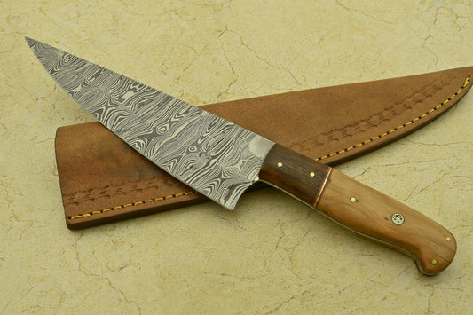 Custom Handmade Forged Damascus Steel Chef Kitchen Knife with Olive & Rose Wood Handle – 12.25"