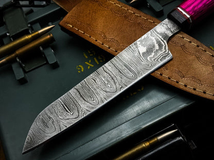Handmade Damascus Steel Kitchen Chef Fish Cutting Knife – Wood Handle with Leather Sheath