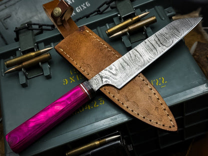 Handmade Damascus Steel Kitchen Chef Fish Cutting Knife – Wood Handle with Leather Sheath