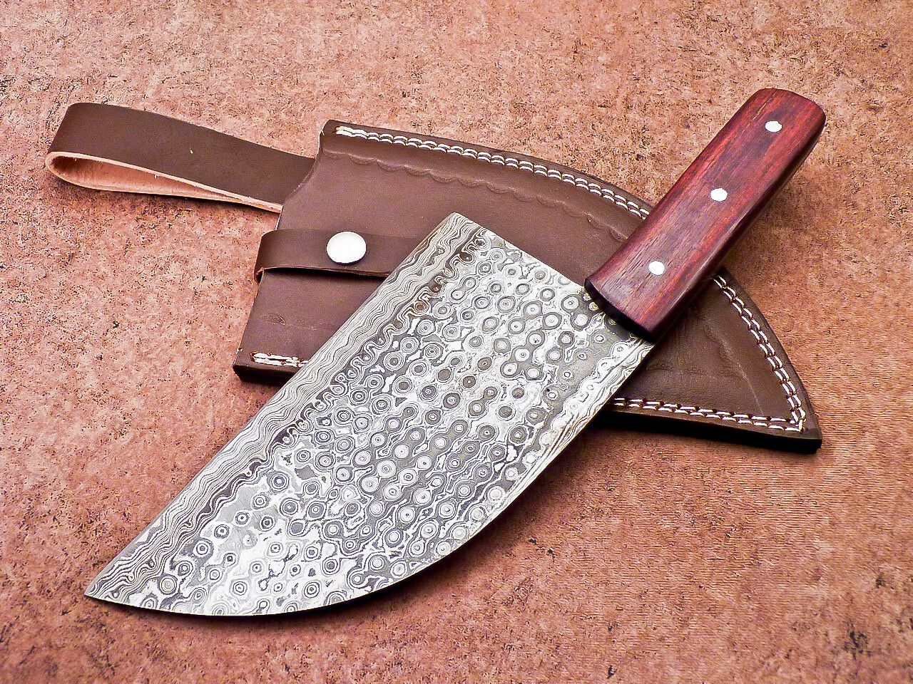 12" Professional Chef Chopper Knife Cleaver Damascus Blade with Wood Handle & Leather Sheath